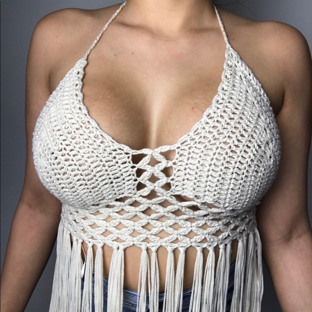 Cream knit crochet crop top